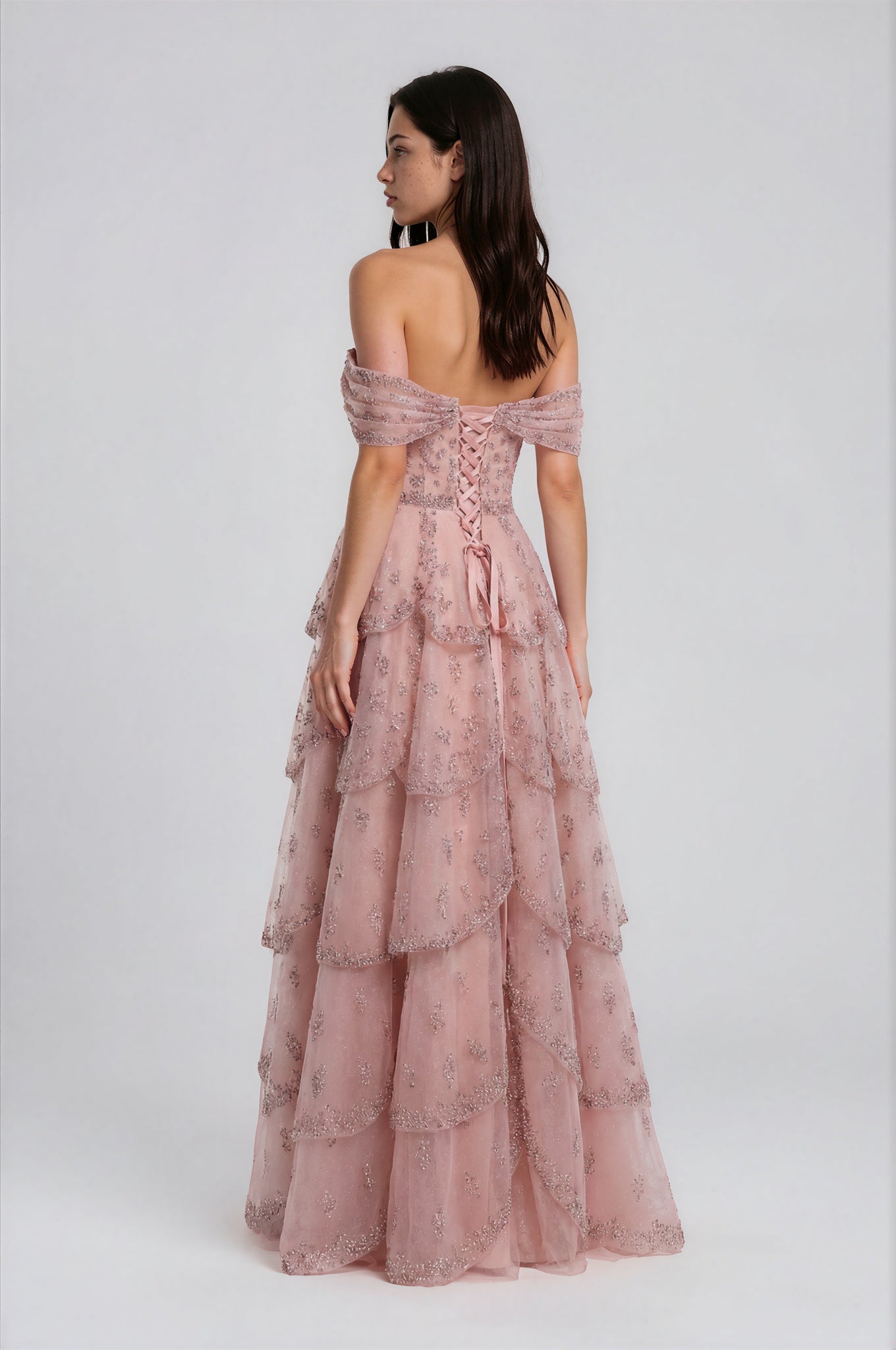 Blush Pink Off-Shoulder Tiered Couture Gown
