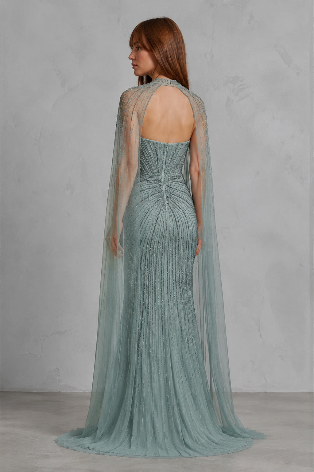 Icy Sage Crystal Cape Gown
