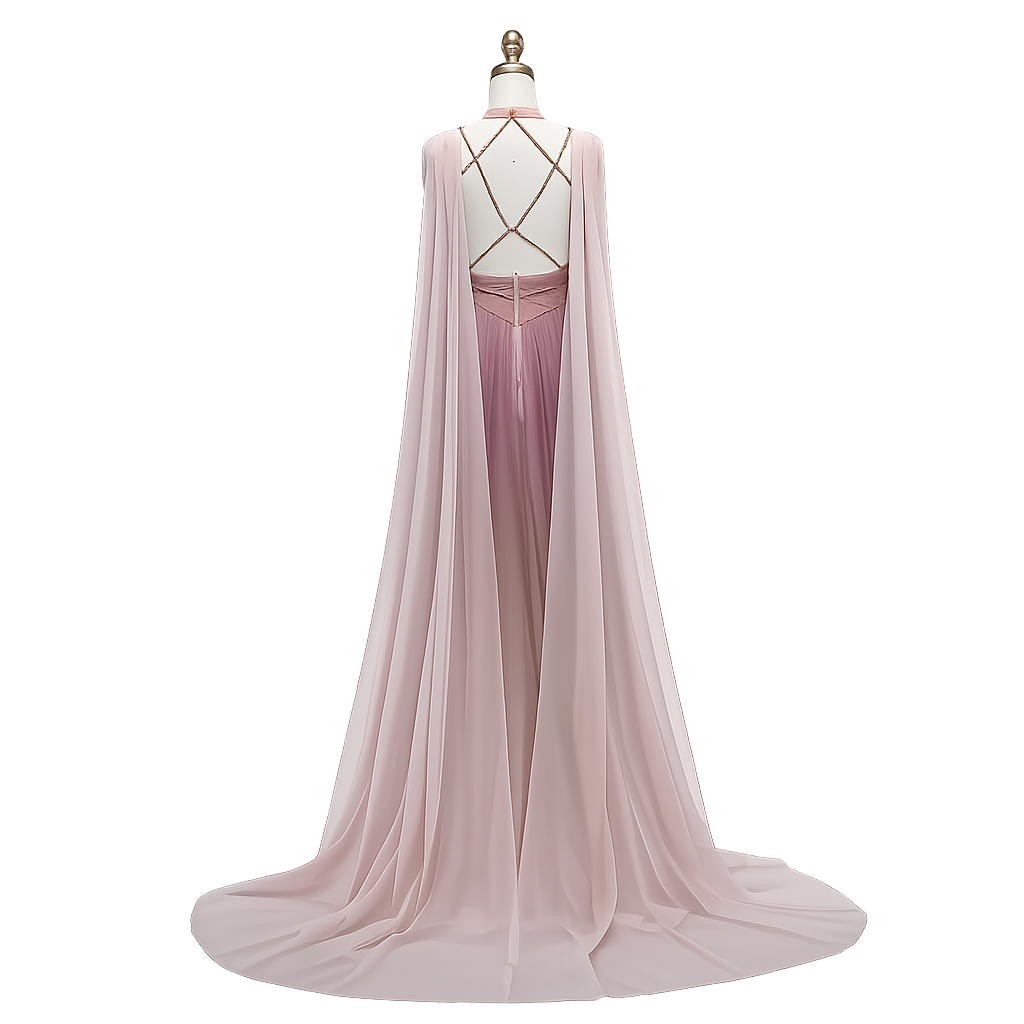 Blush Pink Couture Chiffon Cape Gown