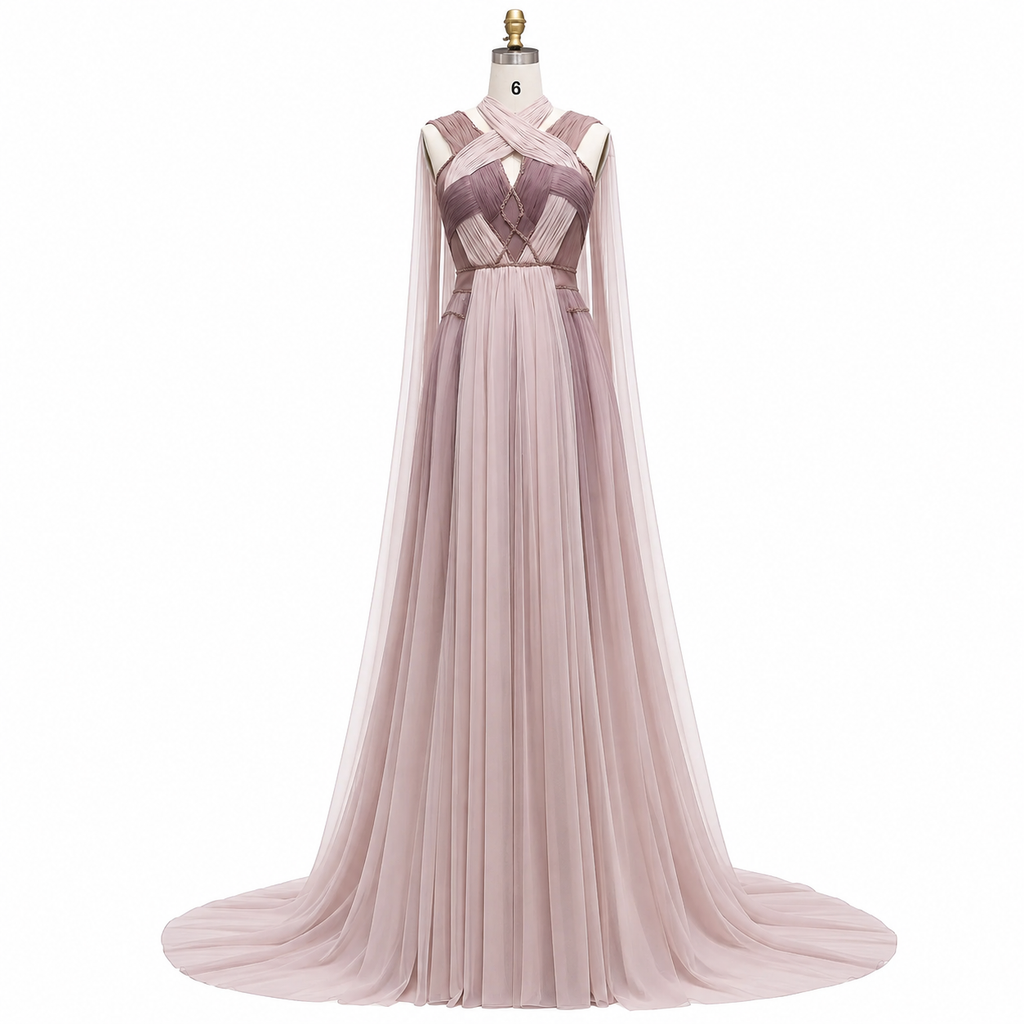 Blush Pink Couture Chiffon Cape Gown