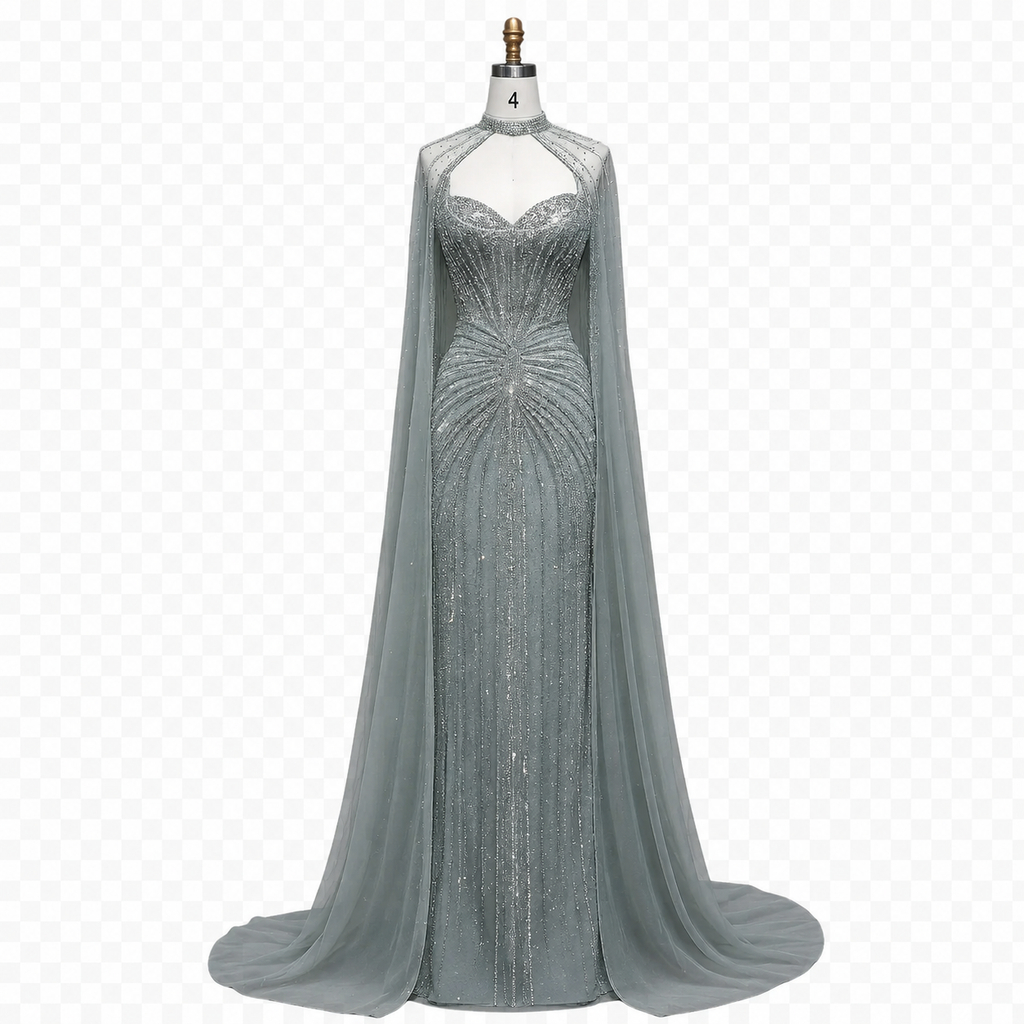 Icy Sage Crystal Cape Gown