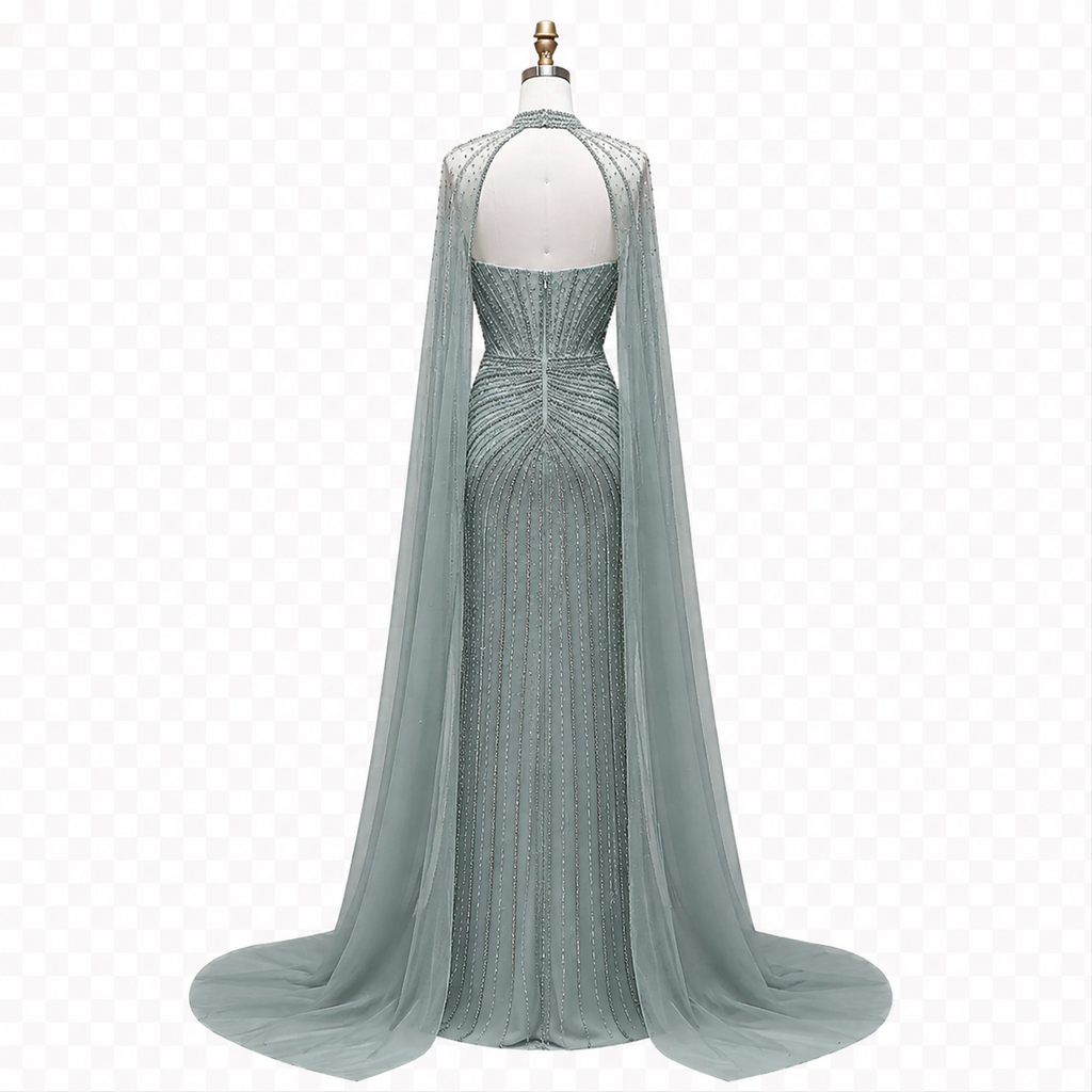 Icy Sage Crystal Cape Gown