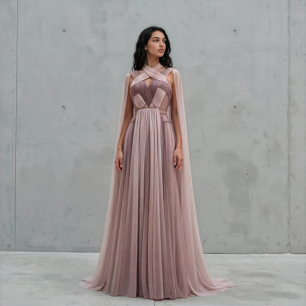 Blush Pink Couture Chiffon Cape Gown