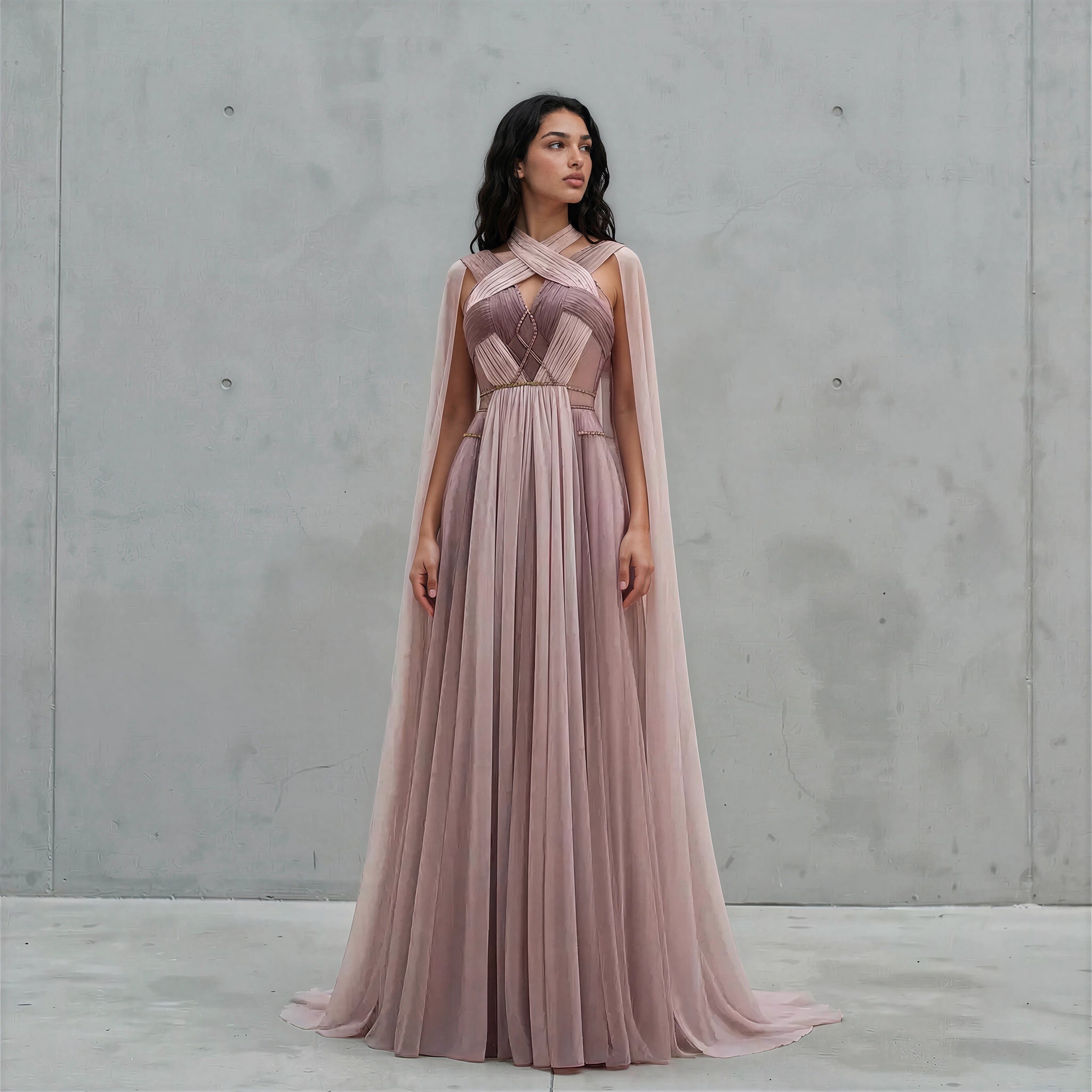 Blush Pink Couture Chiffon Cape Gown
