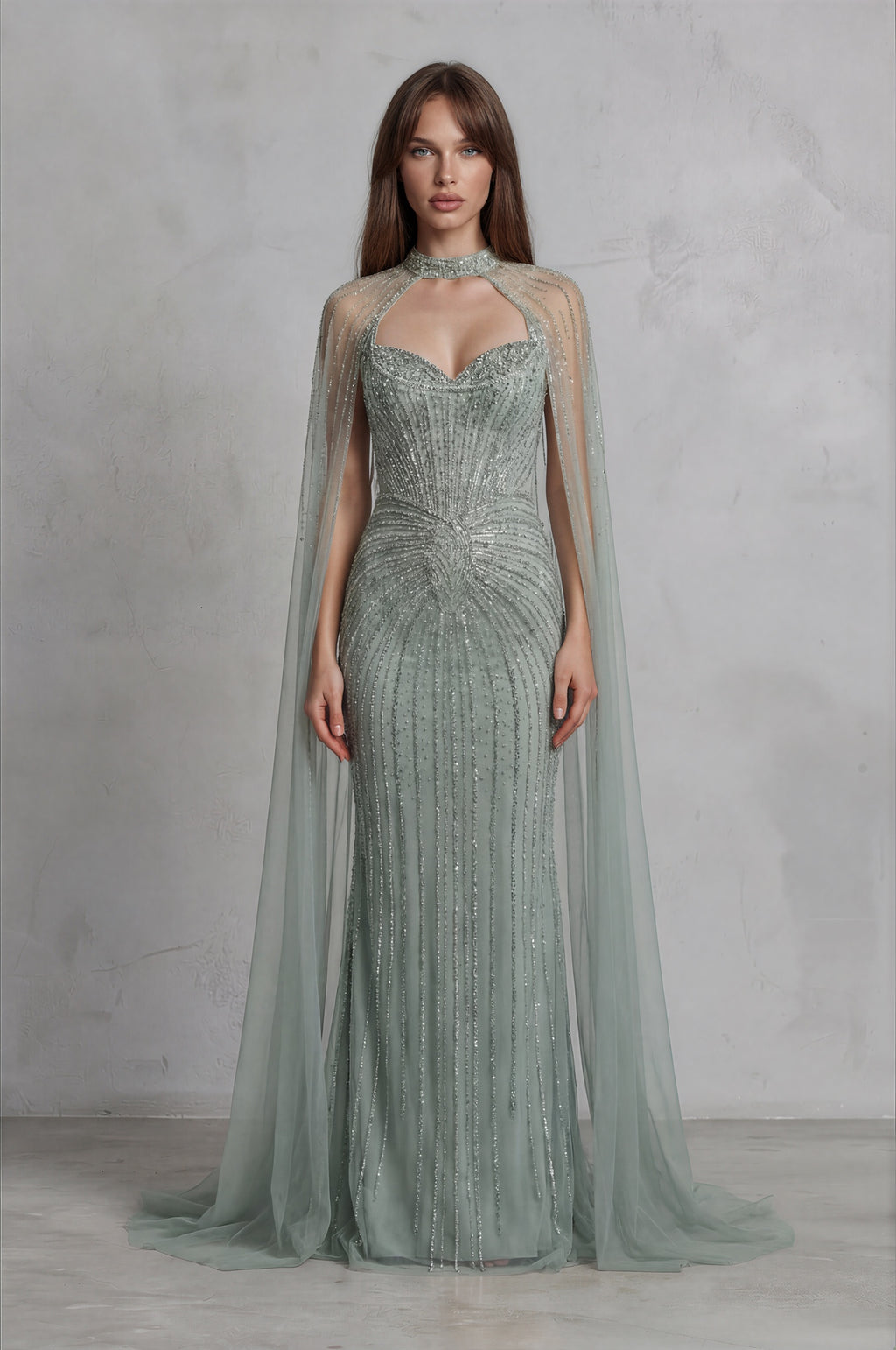Icy Sage Crystal Cape Gown