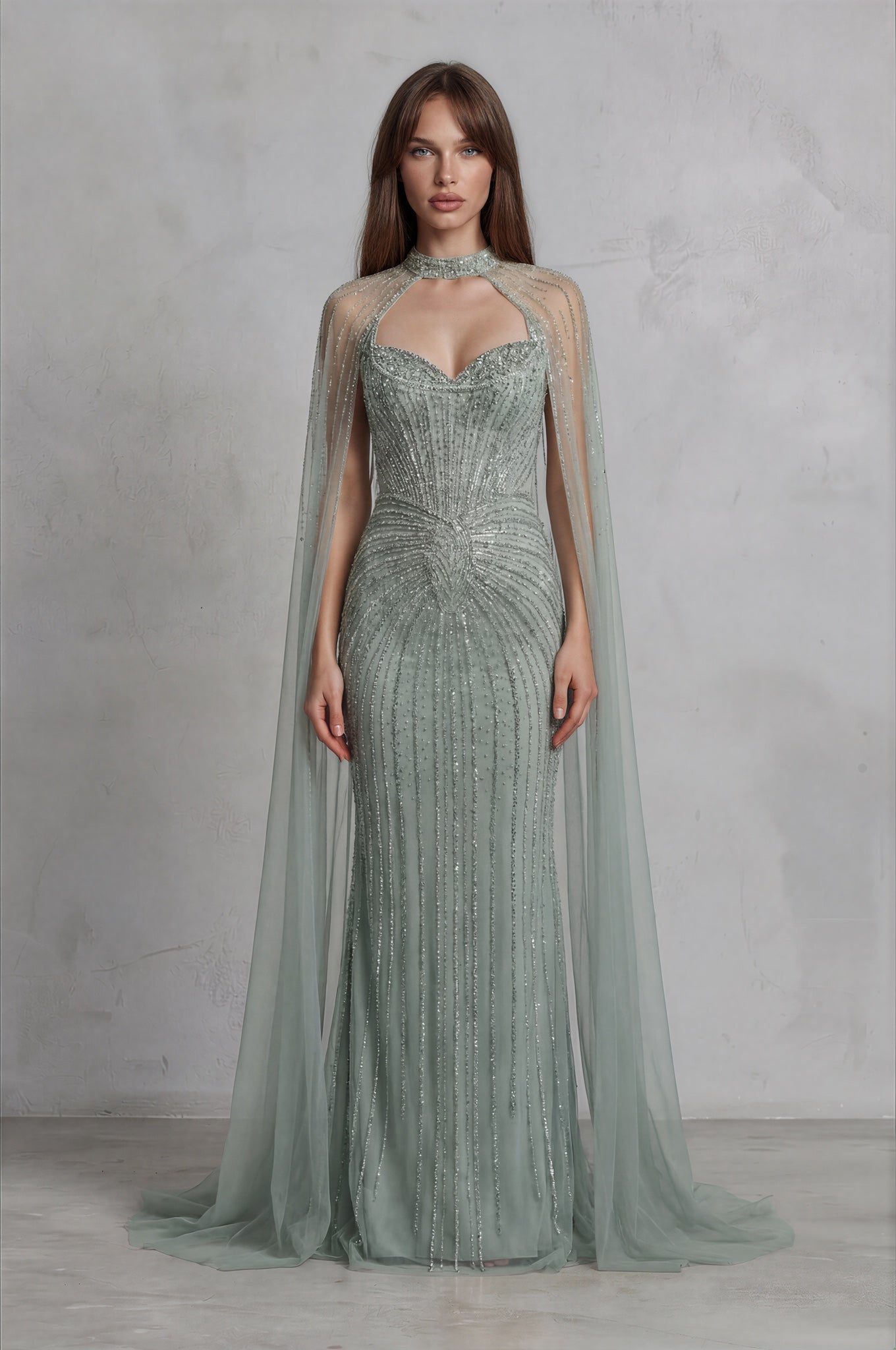 Icy Sage Crystal Cape Gown