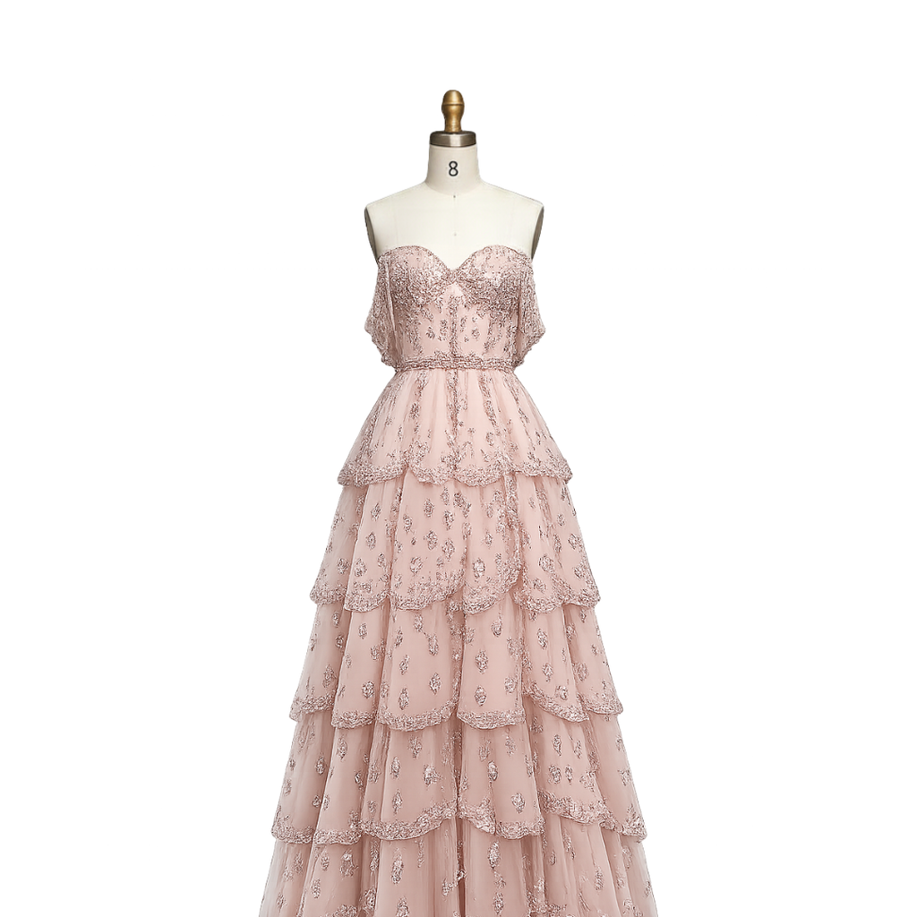 Blush Pink Off-Shoulder Tiered Couture Gown
